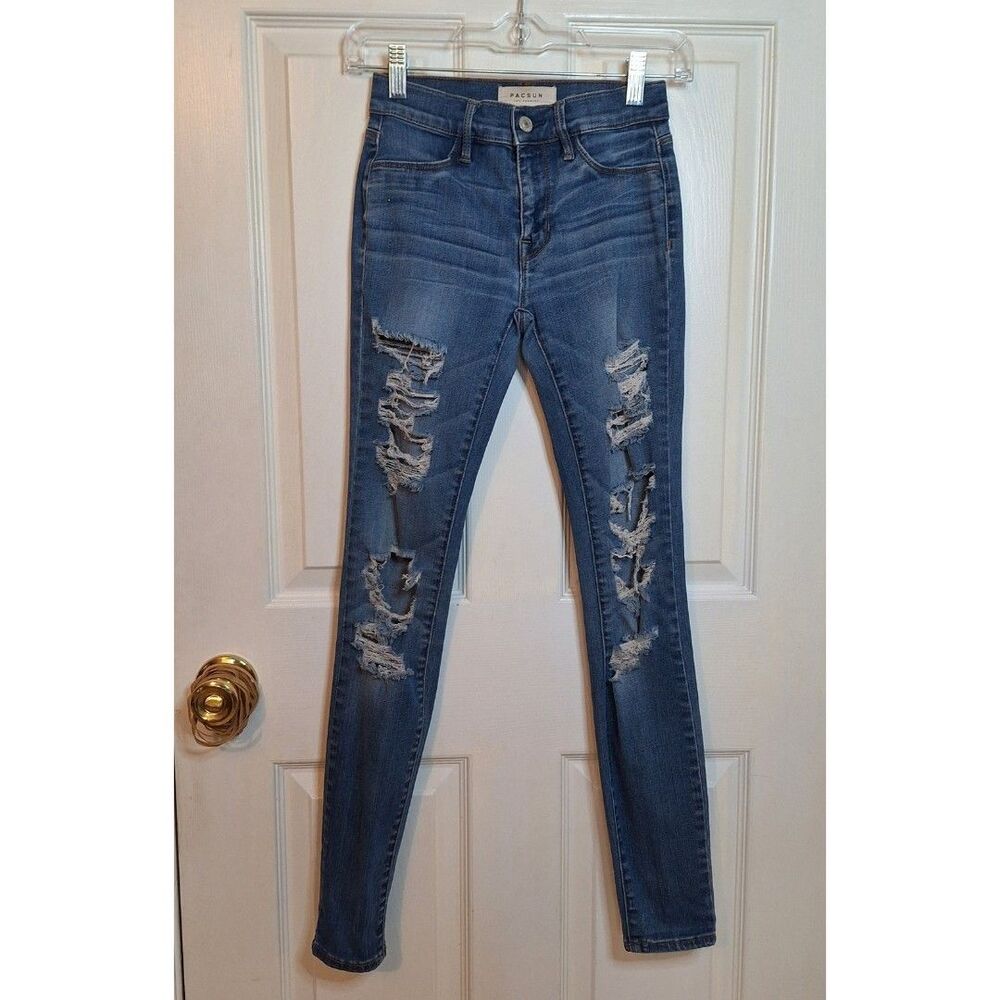 PacSun Dark Acid Wash Distressed Denim Super Stretch Jeggings Skinny Jeans Sz 23